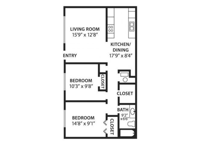 Two bedroom one bathroom The Taos floor plan at Canyon Point Apartments in Albuquerque, NM.